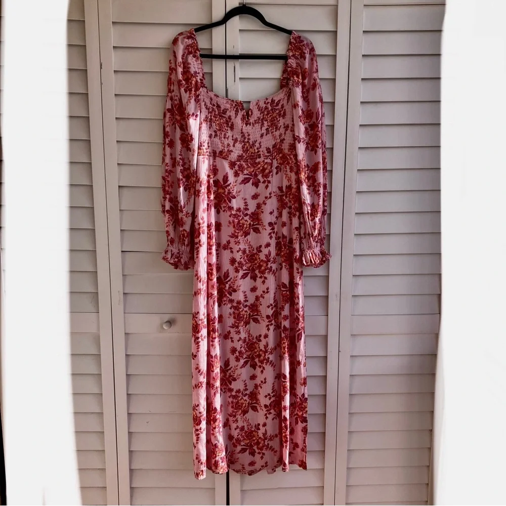 FREE People Jaymes Floral Print Square Neck Long Sleeves Midi Dress Sz M NWT